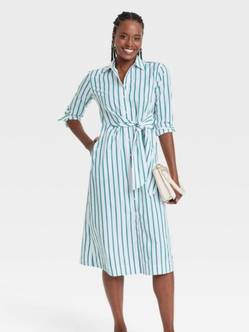 Universal Thread Striped Tie-Waist Midi Dress in Teal and White